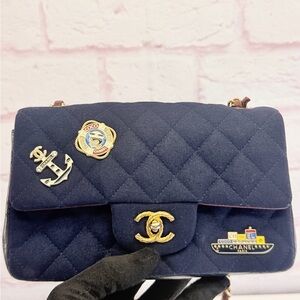 CHANEL Navy Quilted Paris Hamburg Charm Mini Flap Nautical